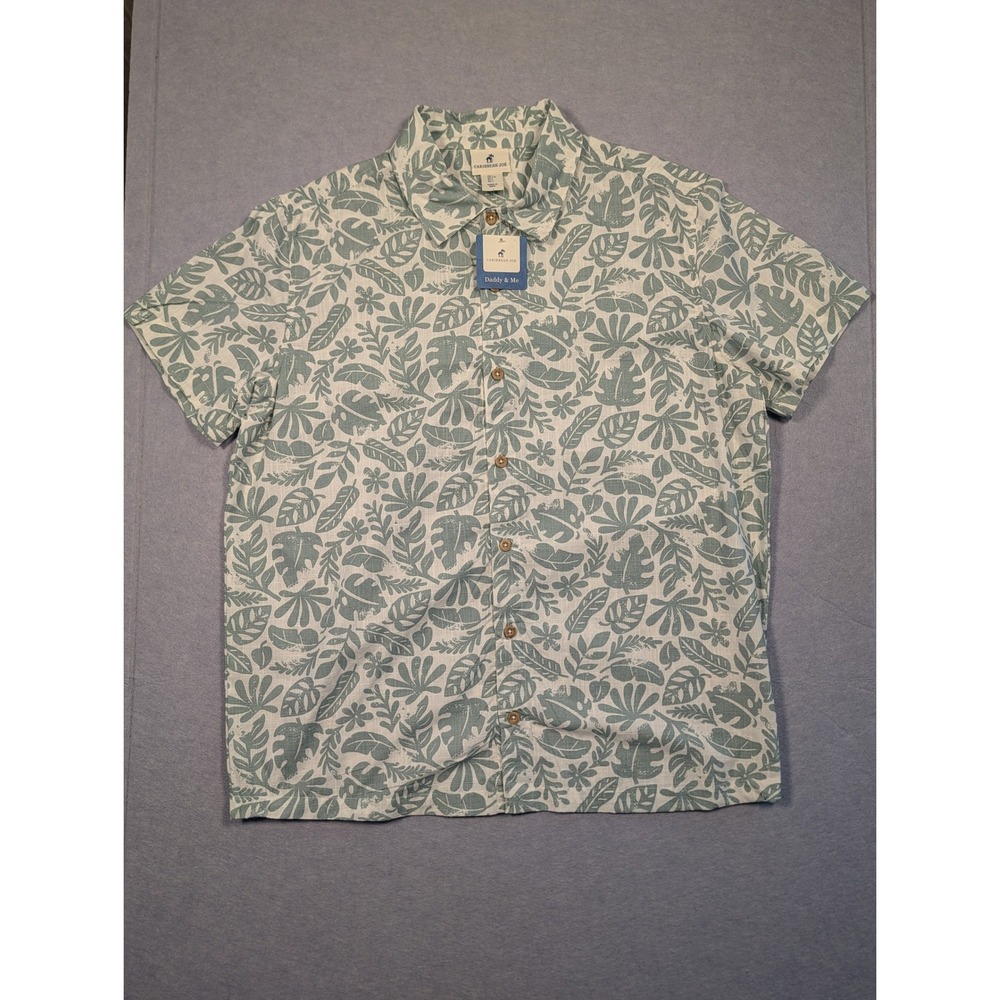 Caribbean Joe Button Down Shirt Mens L Green Tropical Leaf Cotton NWT